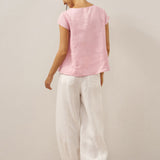 100% Linen Shell Button Pleated Crew Neck Top RENA