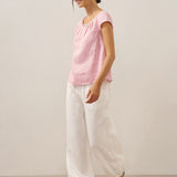 100% Linen Shell Button Pleated Crew Neck Top RENA