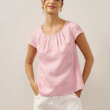 100% Linen Shell Button Pleated Crew Neck Top RENA