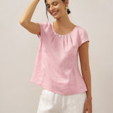 100% Linen Shell Button Pleated Crew Neck Top RENA