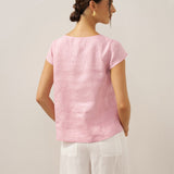 100% Linen Shell Button Pleated Crew Neck Top RENA