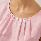 100% Linen Shell Button Pleated Crew Neck Top RENA