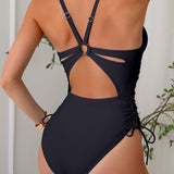 Maclair & Co. - Womens One Piece Swimsuits Tummy Control Summer Beach Bathing Suit for Women Solid Color V Neck Back O Ring Swimwear