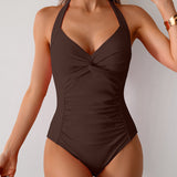 Maclair & Co. - Women's One Piece Swimsuit V Neck Halter Swimwear Twist Front Ruched Tummy Control Bathing Suit