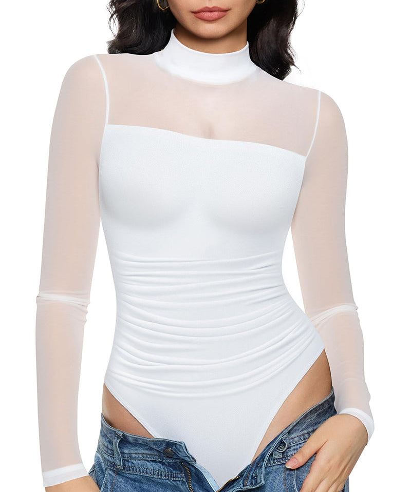 Illusion Mesh Turtleneck Long Sleeve Tummy Control Bodysuit