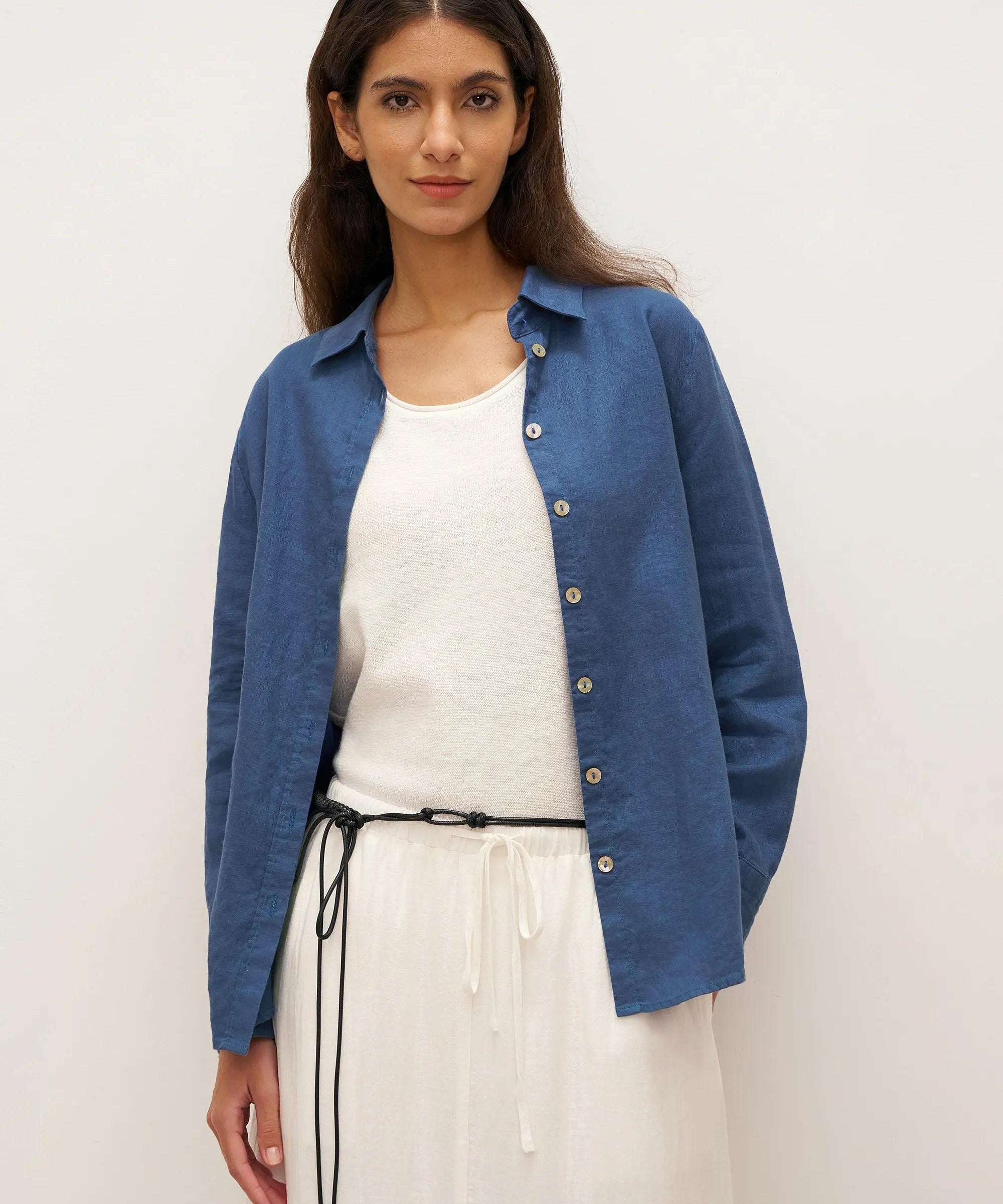 100% Linen Button-Front Shirt with Extended Hem JOVAN