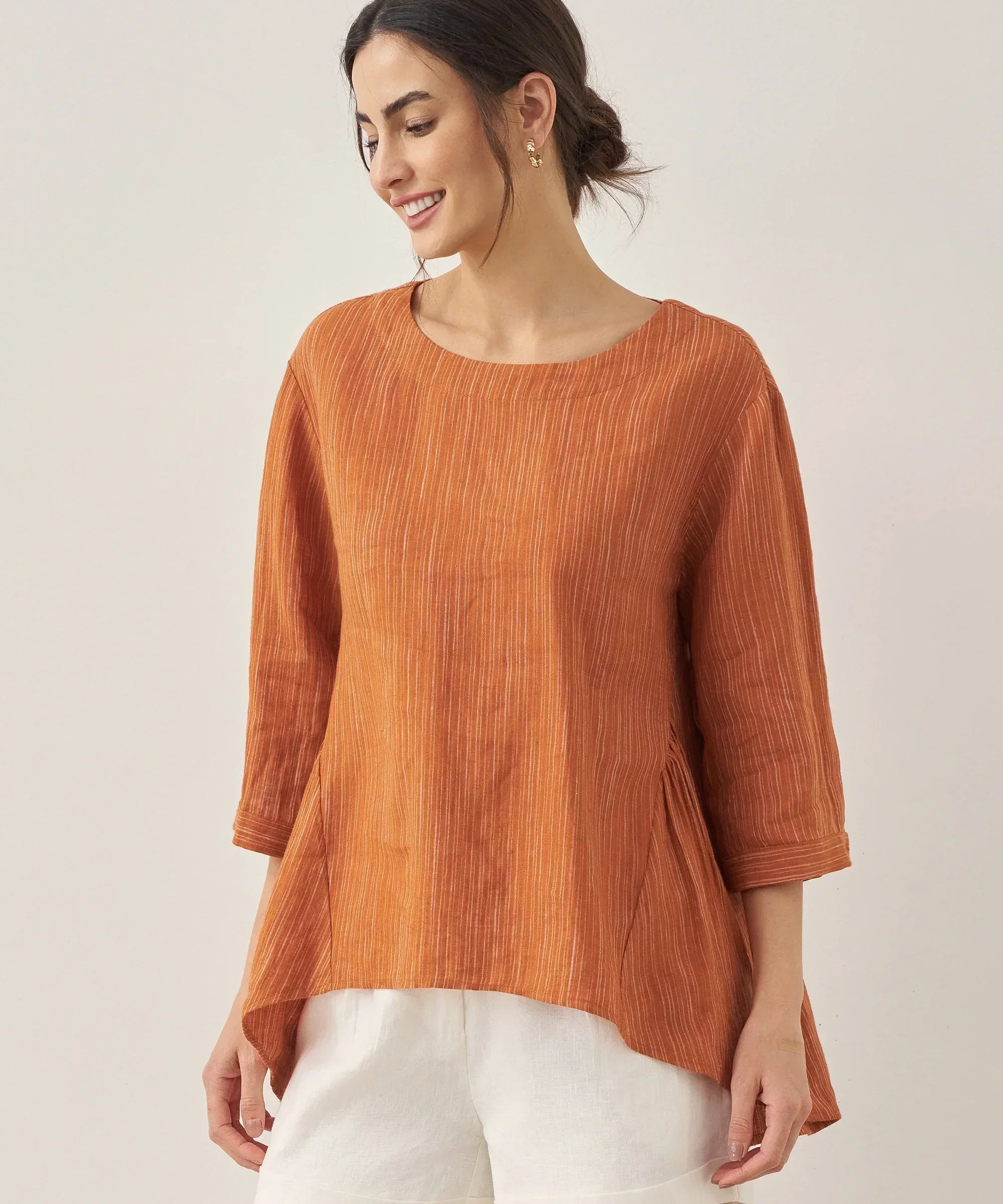 100% Linen Round Neck Artistic Stripe Top FLORENCE