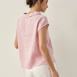 100% Linen Shawl V-Neck Cap Sleeves Top ELARA