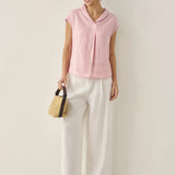 100% Linen Shawl V-Neck Cap Sleeves Top ELARA