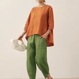 100% Linen Round Neck Artistic Stripe Top FLORENCE