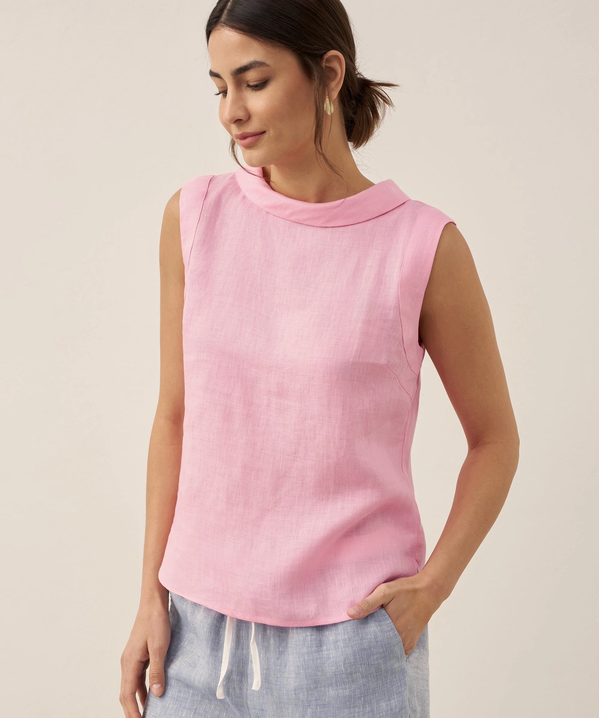 100% Linen Draped Collar Tank Top JACQUELINE