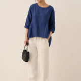 100% Linen Round Neck Artistic Stripe Top FLORENCE