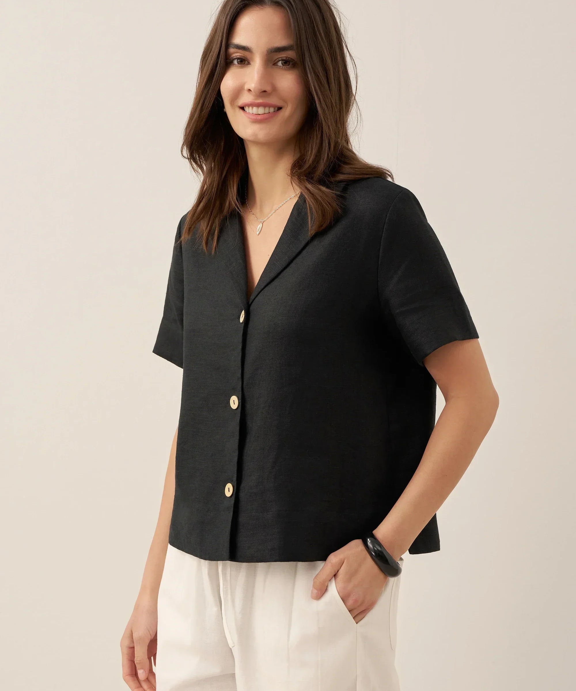 100% Linen Button-Up Short Sleeve Shirt ORENDA
