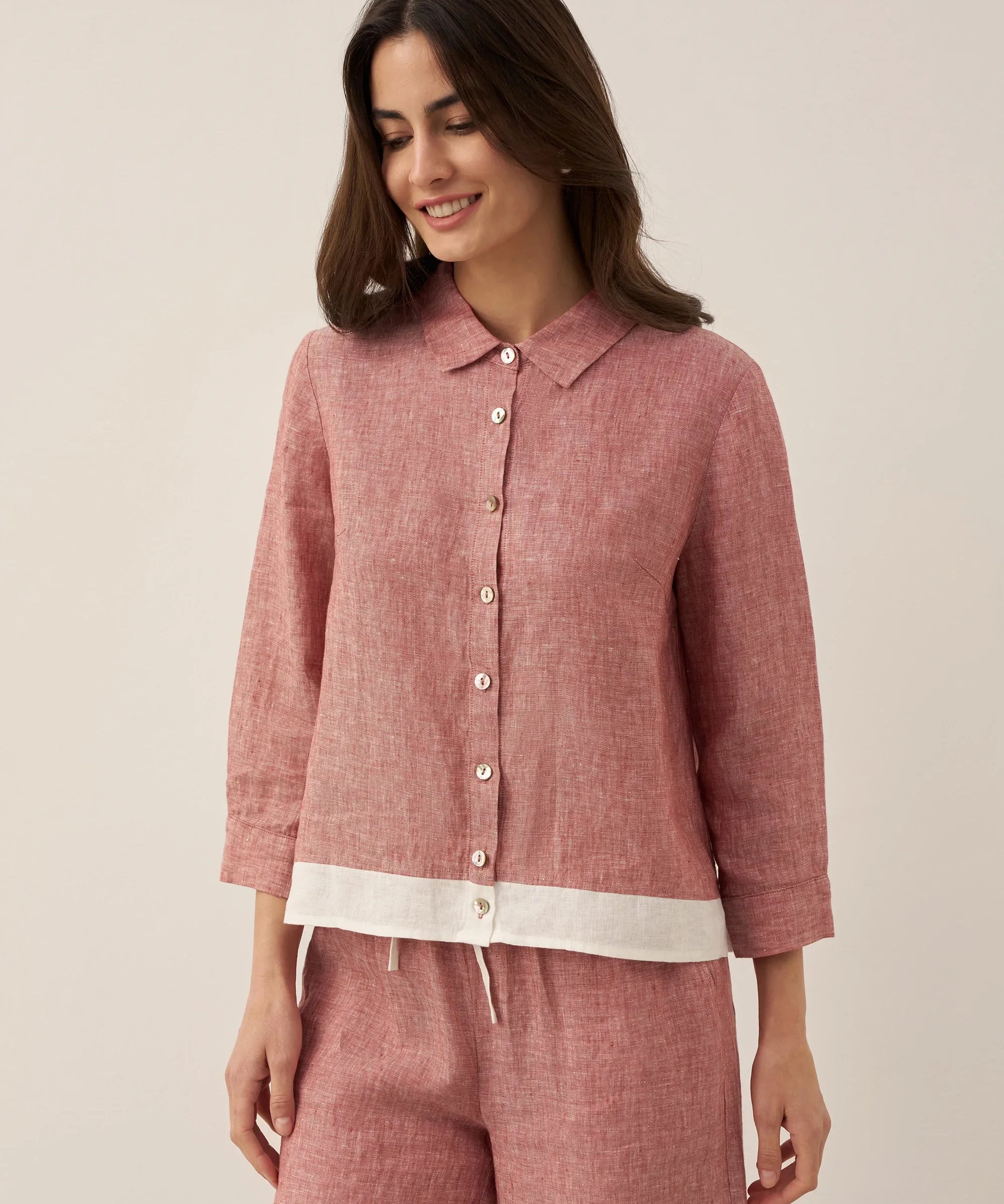 100% Linen Buttoned Closure Color-Blocked Shirt JANICE