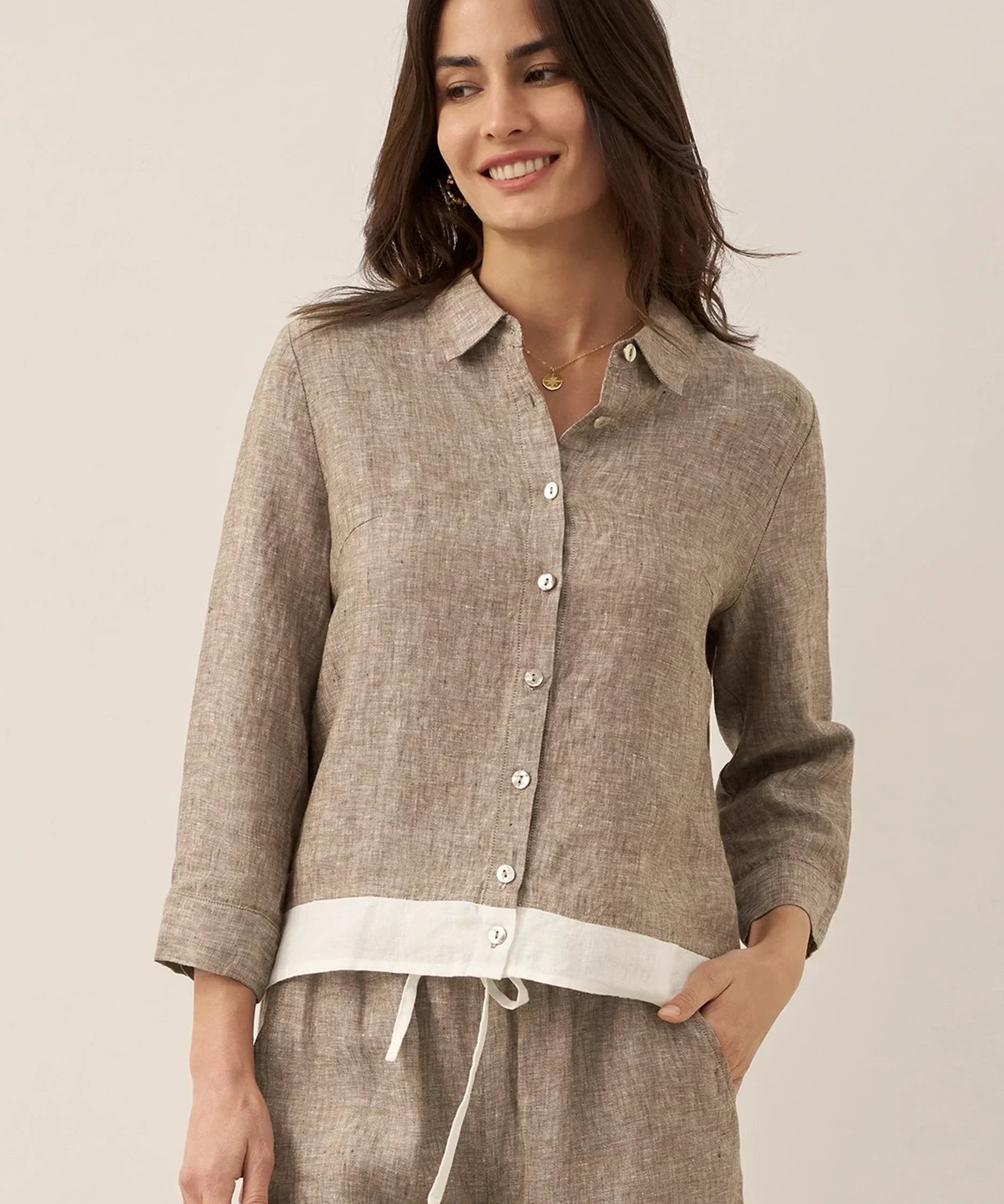 100% Linen Buttoned Closure Color-Blocked Shirt JANICE