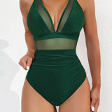 Maclair & Co. - Women Plus Size One Piece Swimsuit V Neck Mesh Sheer Tummy Control Bathing Suit