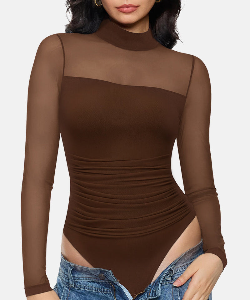 Illusion Mesh Turtleneck Long Sleeve Tummy Control Bodysuit