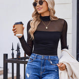 Illusion Mesh Turtleneck Long Sleeve Tummy Control Bodysuit