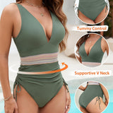 Maclair & Co. - Women Tummy Control Swimsuits One Piece Slimming Modest Bathing Suit Color Block Drawstring Swim Suits