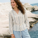 Linen Tribal Stripe Split Neck Bohemian Blouse KERENZA
