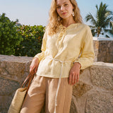 100% Linen Lace-Up Shirred Lantern Sleeve Blouse DOROTHEA