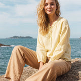 100% Linen Lace-Up Shirred Lantern Sleeve Blouse DOROTHEA
