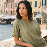 100% Linen Drop Shoulder Split-Back Double Shirred Hem Top LINDSEY