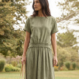 100% Linen Drop Shoulder Split-Back Double Shirred Hem Top LINDSEY