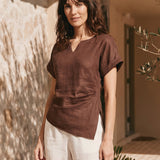 100% Linen Asymmetric Hem Side Gathered Split-Neck Top MINERVA