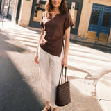 100% Linen Asymmetric Hem Side Gathered Split-Neck Top MINERVA