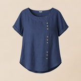 Women's Round Neck Solid Color Buttons Short Sleeves Blouse