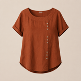 Women's Round Neck Solid Color Buttons Short Sleeves Blouse