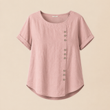 Women's Round Neck Solid Color Buttons Short Sleeves Blouse