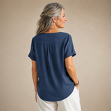 Women's Round Neck Solid Color Buttons Short Sleeves Blouse