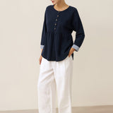 Organic Cotton Patchwork Cuff Button Decor Top AUDREY