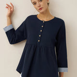 Organic Cotton Patchwork Cuff Button Decor Top AUDREY