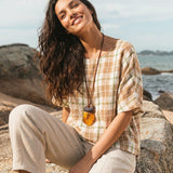 100% Linen Plaid Drop Shoulder Side Slit Top LORNA
