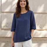 100% Linen Relaxed Back Button Top with Tab Sleeves SYLVANA