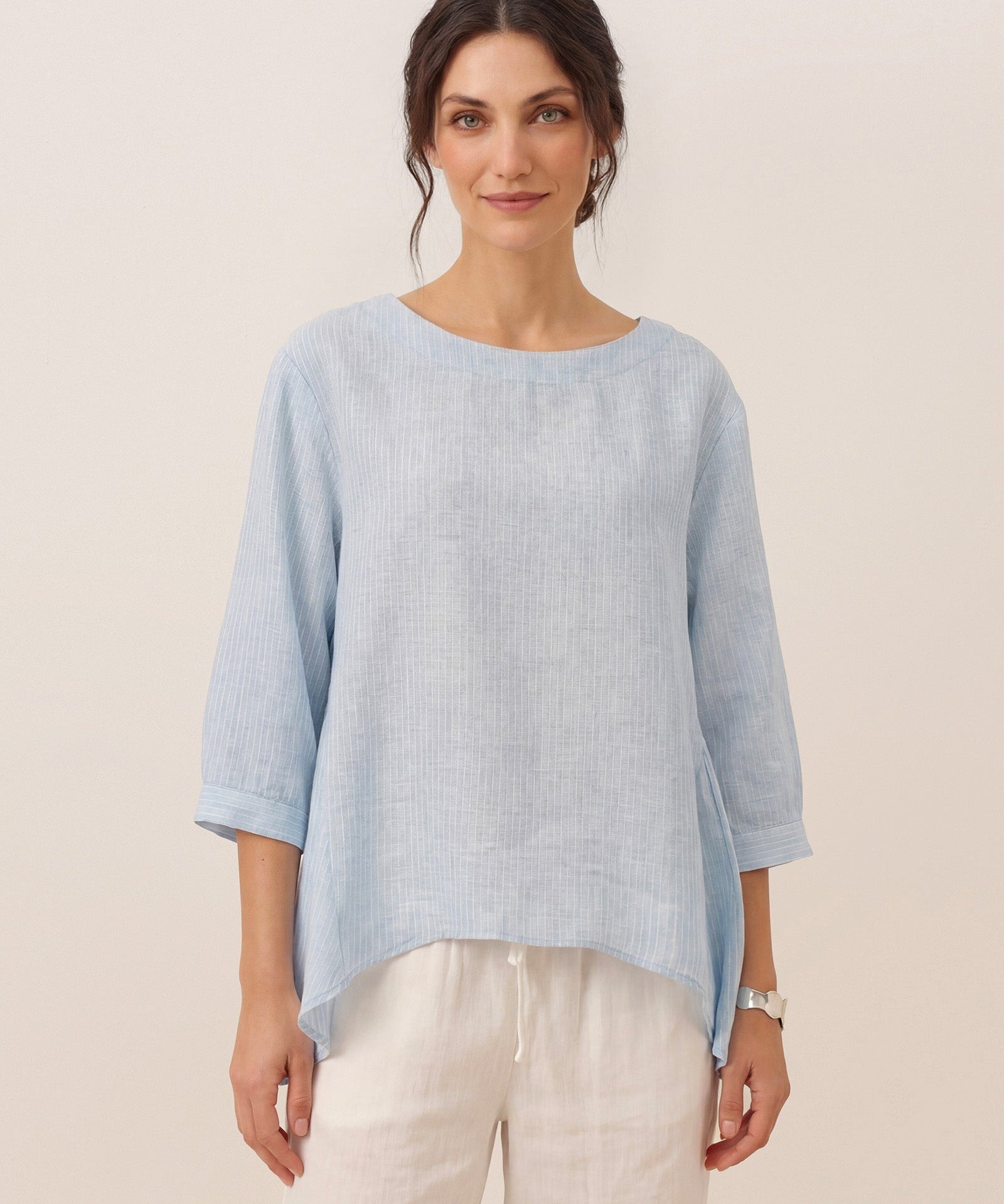 100% Linen Round Neck Artistic Stripe Top FLORENCE
