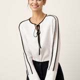 Linen-Lyocell Contrast Trim Tie-Neck Overtop VERA