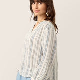 Linen Tribal Stripe Split Neck Bohemian Blouse KERENZA