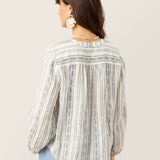 Linen Tribal Stripe Split Neck Bohemian Blouse KERENZA