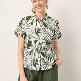 Linen Palm Print Drawstring Waist Cuffed Sleeve Shirt HILDEGARD