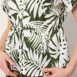 Linen Palm Print Drawstring Waist Cuffed Sleeve Shirt HILDEGARD