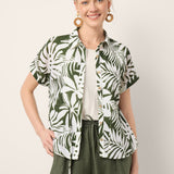Linen Palm Print Drawstring Waist Cuffed Sleeve Shirt HILDEGARD