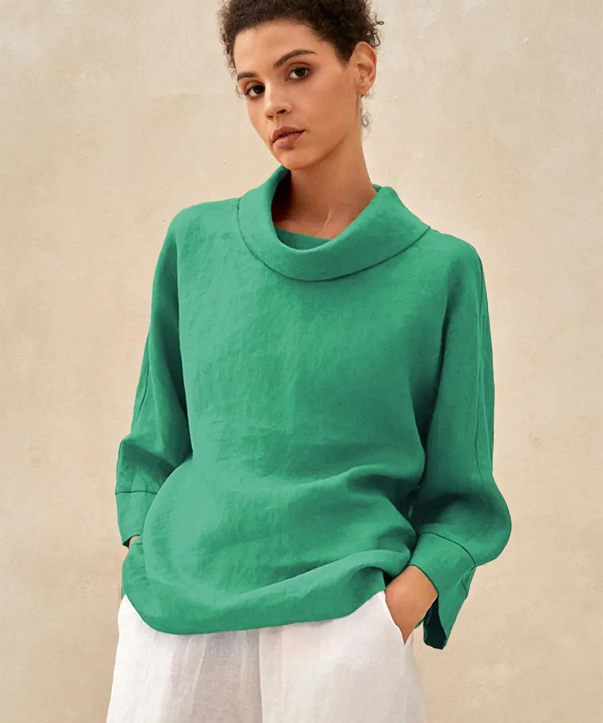 100% Linen Dropped Collar Long-Sleeve Top TRISTAN