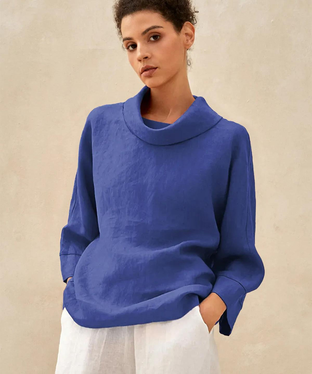 100% Linen Dropped Collar Long-Sleeve Top TRISTAN
