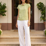100% Linen Cap Sleeve Soft-Fold Collar Top YVONNE