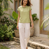100% Linen Cap Sleeve Soft-Fold Collar Top YVONNE