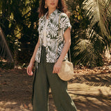 Linen Palm Print Drawstring Waist Cuffed Sleeve Shirt HILDEGARD